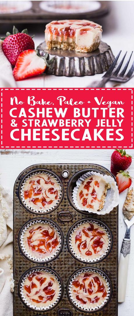 These No Bake Cashew Butter & Jelly Cheesecakes are sweet individual desserts that are lusciously creamy, simple to make, and swirled with strawberry jam. You can customize them with your favorite nut butter and jelly to make them your own! They're gluten-free, paleo and vegan.