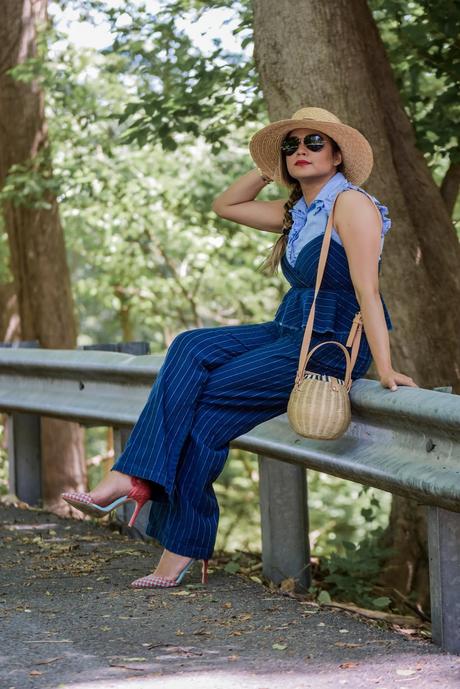 memorial day sales, red white and blue outfits, bucket ratan bag, denim jumpsuit, anthropologoe frill jumpsuit, fashion, style, july fourth outfit, long weekend outfit, myriad musings.