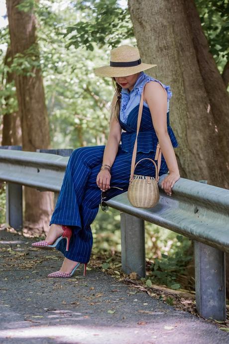 memorial day sales, red white and blue outfits, bucket ratan bag, denim jumpsuit, anthropologoe frill jumpsuit, fashion, style, july fourth outfit, long weekend outfit, myriad musings.