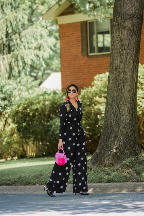 polka dot jumpsuit, mango black and white jumpsuit, spring style, fashion, style, wedding look, pink lilac fur bag, fishtail braid, kitten heels, stylist, myriad musings 