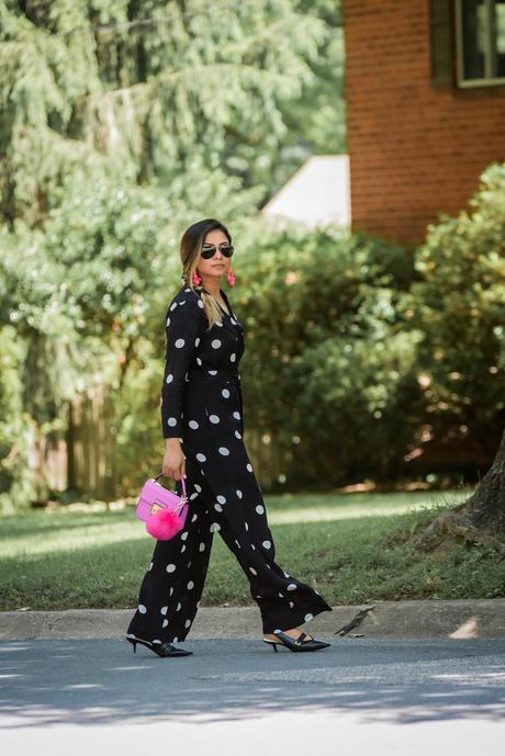 polka dot jumpsuit, mango black and white jumpsuit, spring style, fashion, style, wedding look, pink lilac fur bag, fishtail braid, kitten heels, stylist, myriad musings 