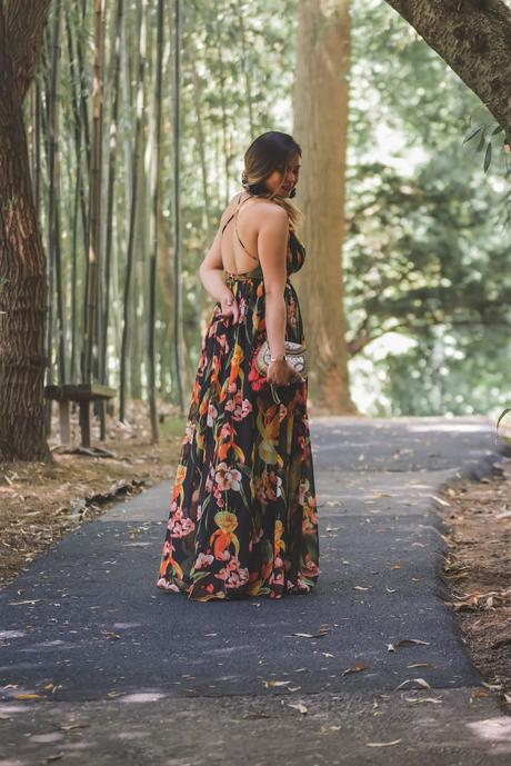 wedding guest style, maxi dress, front plunge dress, low neck maxi dress, forever 21 black floral dress, party ready, sexy, side braid, feather earings, sam edleman clutch, summer floral dress, yellow heels, myriad musings