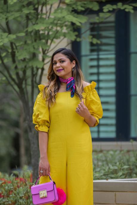 how to wear a yellow jumpsuit, massimo dutti jumpsuit, yellow and pink, neck scarf, balayage hair, street style, monochromatic look, myriad musings