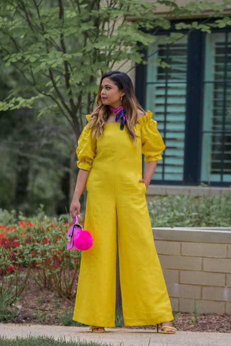 how to wear a yellow jumpsuit, massimo dutti jumpsuit, yellow and pink, neck scarf, balayage hair, street style, monochromatic look, myriad musings