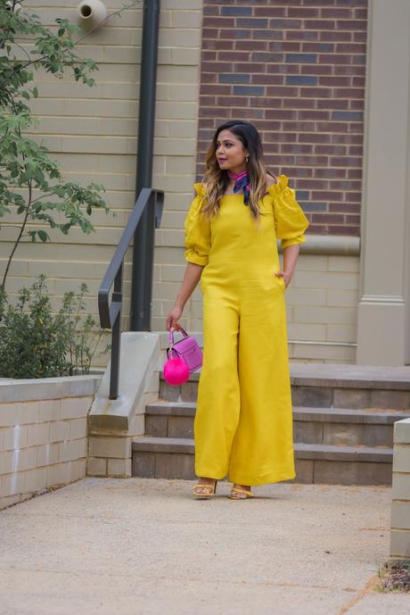 how to wear a yellow jumpsuit, massimo dutti jumpsuit, yellow and pink, neck scarf, balayage hair, street style, monochromatic look, myriad musings