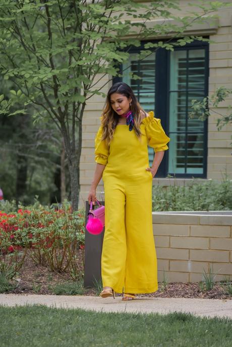 how to wear a yellow jumpsuit, massimo dutti jumpsuit, yellow and pink, neck scarf, balayage hair, street style, monochromatic look, myriad musings
