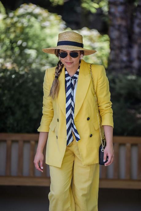 how to wear a yellow pant suit, dressed up, office look, fashion, style, monochromatic, linen zara pants, double breasted blazer, sam edleman river flats, pink and yellow outfit, myriad musings