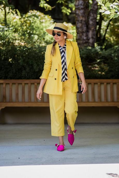 how to wear a yellow pant suit, dressed up, office look, fashion, style, monochromatic, linen zara pants, double breasted blazer, sam edleman river flats, pink and yellow outfit, myriad musings