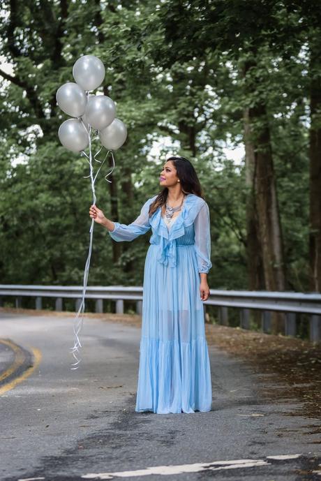 business of blogging, fashion blogger, balloon photoshoot, maxi ruffle dress, summer photoshoot, pink sam edelman sandals, spring style, statement necklace, wavy curl hair, pink lipstick, purple lipstick, myriad musings