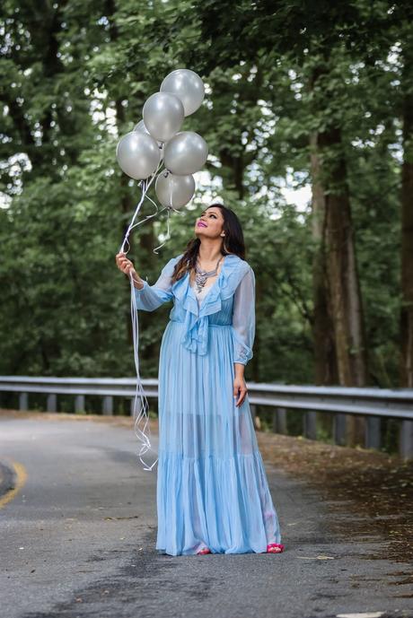 business of blogging, fashion blogger, balloon photoshoot, maxi ruffle dress, summer photoshoot, pink sam edelman sandals, spring style, statement necklace, wavy curl hair, pink lipstick, purple lipstick, myriad musings