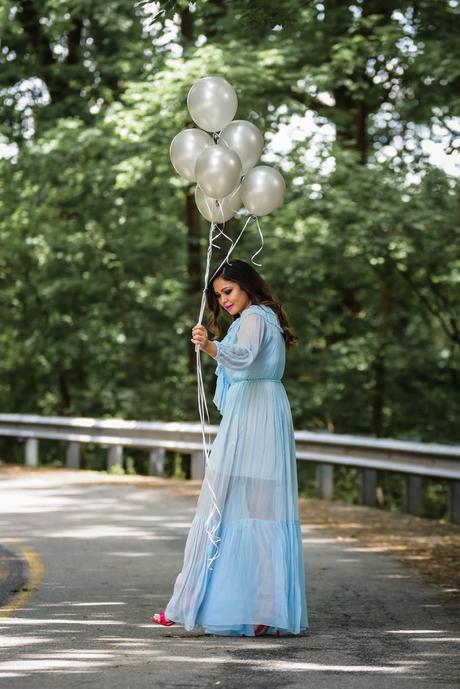 business of blogging, fashion blogger, balloon photoshoot, maxi ruffle dress, summer photoshoot, pink sam edelman sandals, spring style, statement necklace, wavy curl hair, pink lipstick, purple lipstick, myriad musings