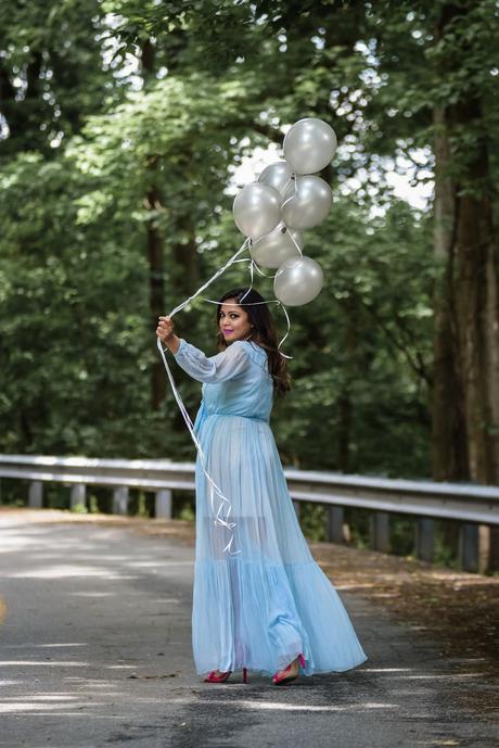 business of blogging, fashion blogger, balloon photoshoot, maxi ruffle dress, summer photoshoot, pink sam edelman sandals, spring style, statement necklace, wavy curl hair, pink lipstick, purple lipstick, myriad musings