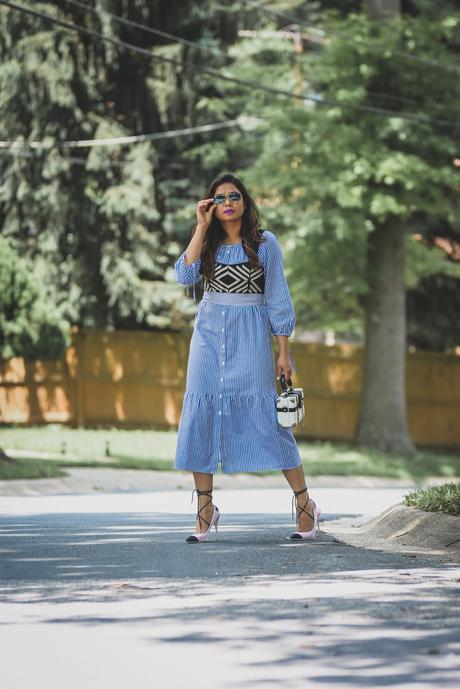 Seersucker dress, fashion blogger, stripes dress, vested, crop top layering outfit. street style, ray ban sunglasses. aldo sporty heels, box clutch bag, myriad musings Seersucker dress, fashion blogger, stripes dress, vested, crop top layering outfit. street style, ray ban sunglasses. aldo sporty heels, box clutch bag, myriad musings