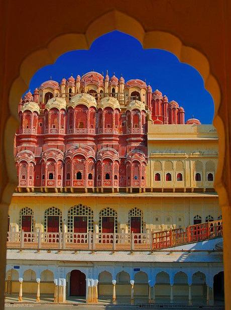 Most Amazing Historical Monuments of India. Inside the 'Hawa Mahal', looking towards the main structure, which contains the 853-windows thru which the Queens (Maharanis) of Jaipur used to view the city -- Jaipur, Rajasthan, India