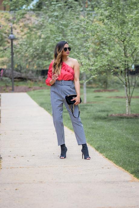 how to wear off shoulder, gingham zara pants, street style, fashion blogger, studded sunglasses, pink cold shoulder, myriad musings