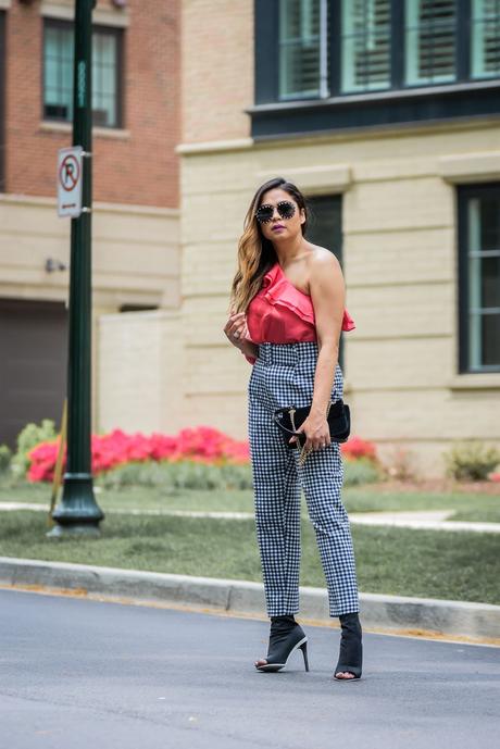 how to wear off shoulder, gingham zara pants, street style, fashion blogger, studded sunglasses, pink cold shoulder, myriad musings