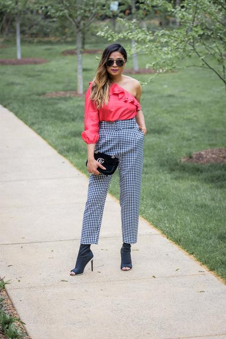 how to wear off shoulder, gingham zara pants, street style, fashion blogger, studded sunglasses, pink cold shoulder, myriad musings