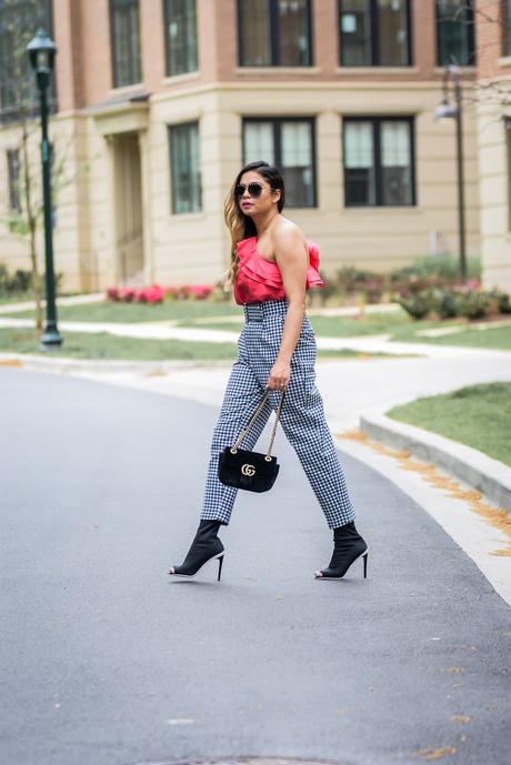 how to wear off shoulder, gingham zara pants, street style, fashion blogger, studded sunglasses, pink cold shoulder, myriad musings