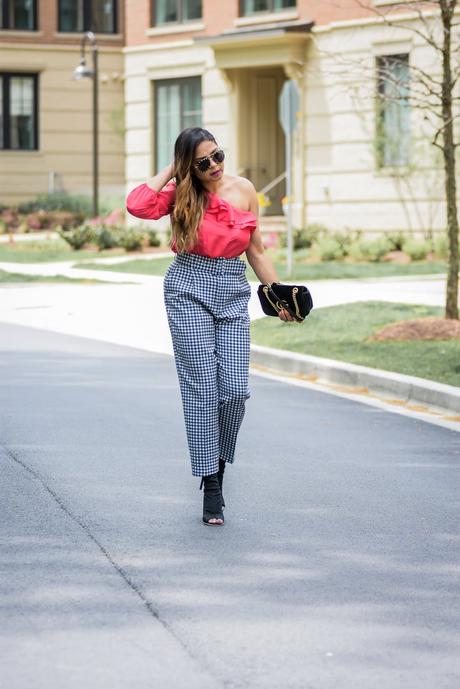 how to wear off shoulder, gingham zara pants, street style, fashion blogger, studded sunglasses, pink cold shoulder, myriad musings