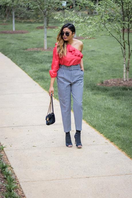 how to wear off shoulder, gingham zara pants, street style, fashion blogger, studded sunglasses, pink cold shoulder, myriad musings