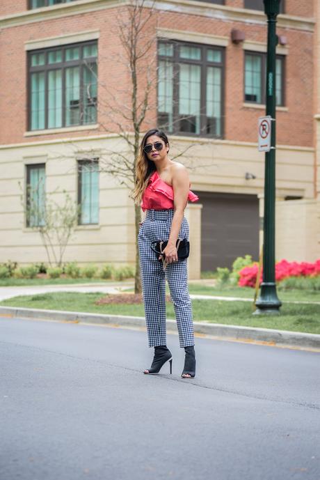 how to wear off shoulder, gingham zara pants, street style, fashion blogger, studded sunglasses, pink cold shoulder, myriad musings