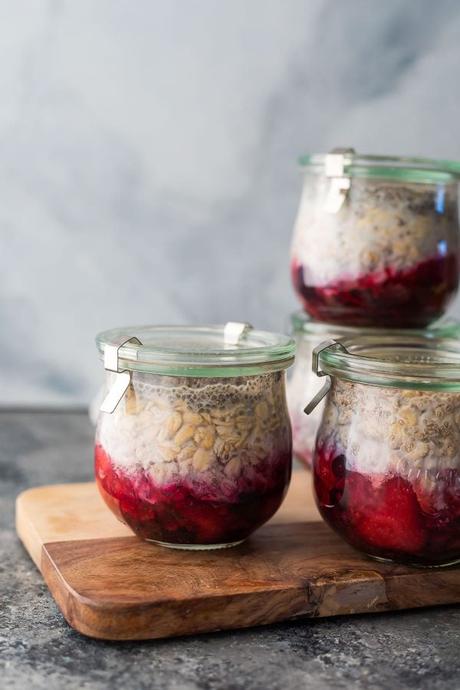 Time Saving Healthy Breakfast Recipes; fruit on the bottom overnight oats stacked in glass jars