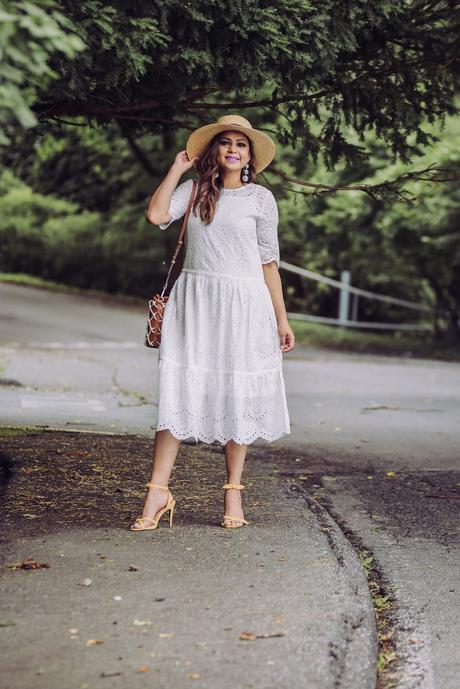 a southern belle, chicwish white eyelet dress, chichwish review, fashion blogger, style, sumer style, whote after labor day, instacool, ootd, yellow target sandlas, who what wear sandals, myriad musings 
