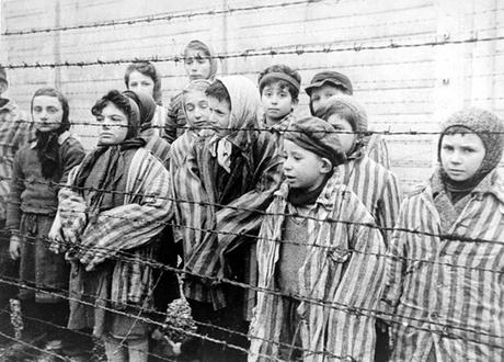 Child survivors of Auschwitz are seen in this 1945 photograph.