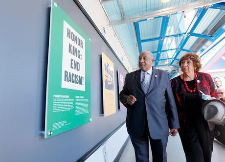 Dr. Bernard LaFayette and his wife, Kate, stroll through a new exhibit on the 1968 Poor People’s Campaign installed at Ben & Jerry’s factory in Waterbury, VT.