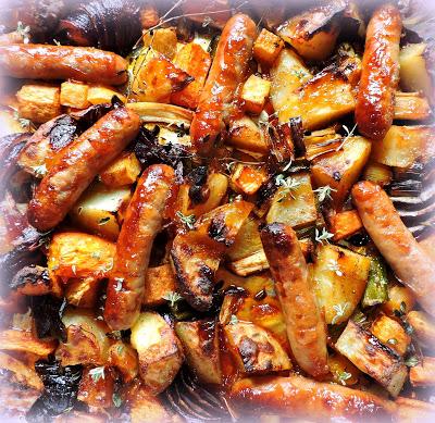 Sticky Sausage Tray Bake
