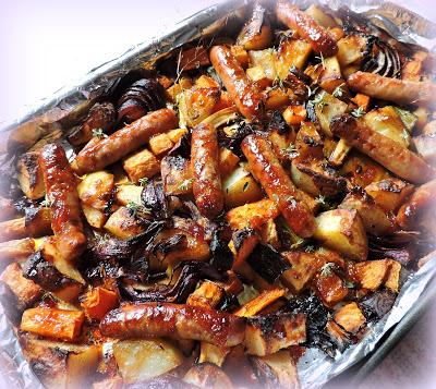 Sticky Sausage Tray Bake