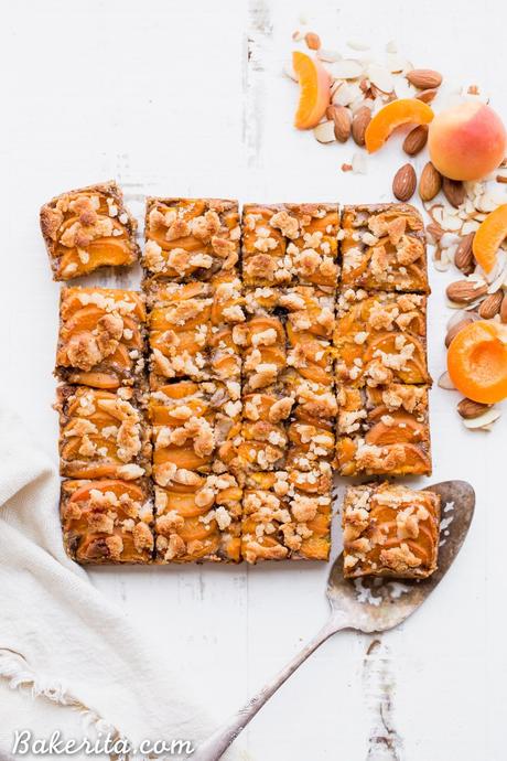 In these Apricot Frangipane Bars, apricots and almonds come together in the most delightful way - the shortbread crust is topped with an almond frangipane filling and topped with fresh, juicy apricots. These gluten-free, paleo, and vegan bars are irresistibly delicious. You can customize them with your favorite stone fruit, too!