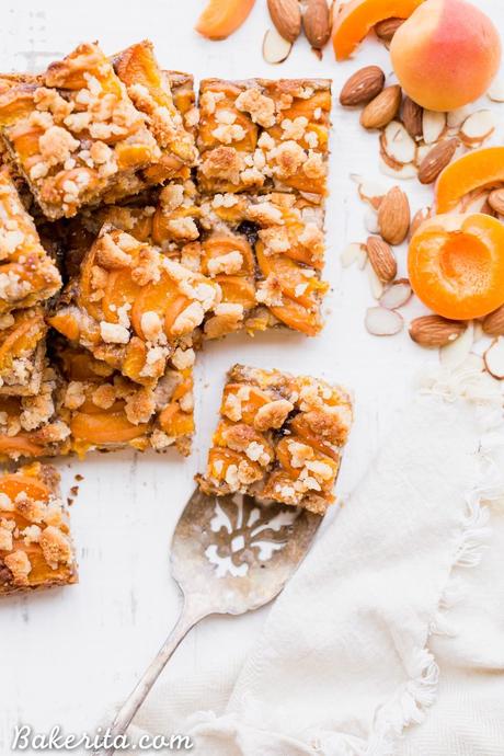 In these Apricot Frangipane Bars, apricots and almonds come together in the most delightful way - the shortbread crust is topped with an almond frangipane filling and topped with fresh, juicy apricots. These gluten-free, paleo, and vegan bars are irresistibly delicious. You can customize them with your favorite stone fruit, too!