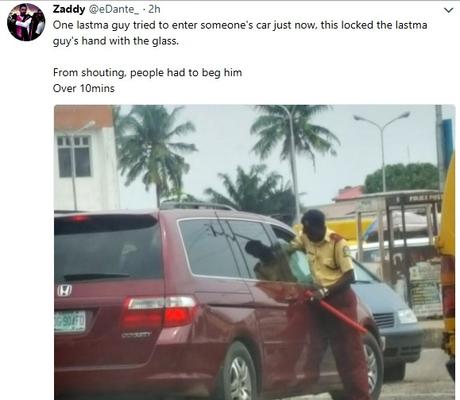 LASTMA Officer Begs For Mercy After Hand Was Locked By Driver When He Tried To Forcefully Enter The Car