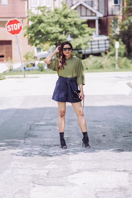 shorts and silk blouse, black high waisted j crew shorts, polka dot shorts, olive green silk blouse, street style, dc blogger, statement sunglasses, july fourth outfit, myriad musings  