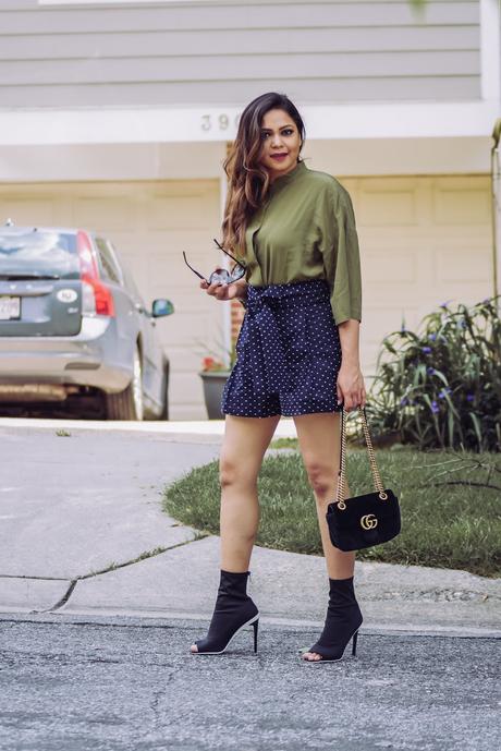 shorts and silk blouse, black high waisted j crew shorts, polka dot shorts, olive green silk blouse, street style, dc blogger, statement sunglasses, july fourth outfit, myriad musings 