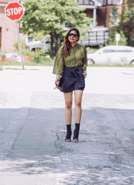 shorts and silk blouse, black high waisted j crew shorts, polka dot shorts, olive green silk blouse, street style, dc blogger, statement sunglasses, july fourth outfit, myriad musings 
