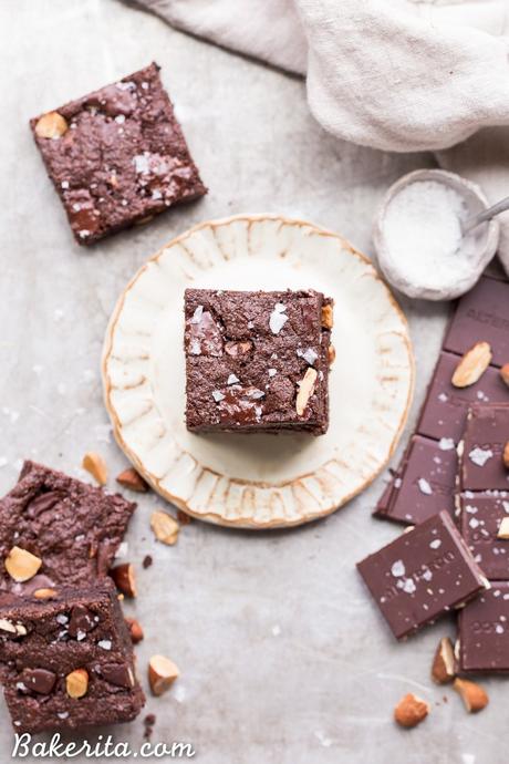 You'd never guess these super fudgy Salted Almond Brownies are gluten-free, paleo and vegan, because they taste just as good as a traditional brownie! They're incredibly fudgy and chocolatey and the toasted almonds and sea salt make them even better.