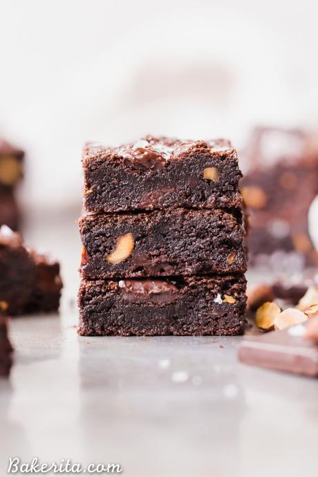 You'd never guess these super fudgy Salted Almond Brownies are gluten-free, paleo and vegan, because they taste just as good as a traditional brownie! They're incredibly fudgy and chocolatey and the toasted almonds and sea salt make them even better.