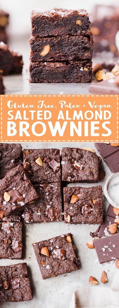 You'd never guess these super fudgy Salted Almond Brownies are gluten-free, paleo and vegan, because they taste just as good as a traditional brownie! They're incredibly fudgy and chocolatey and the toasted almonds and sea salt make them even better.