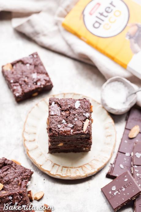 You'd never guess these super fudgy Salted Almond Brownies are gluten-free, paleo and vegan, because they taste just as good as a traditional brownie! They're incredibly fudgy and chocolatey and the toasted almonds and sea salt make them even better.