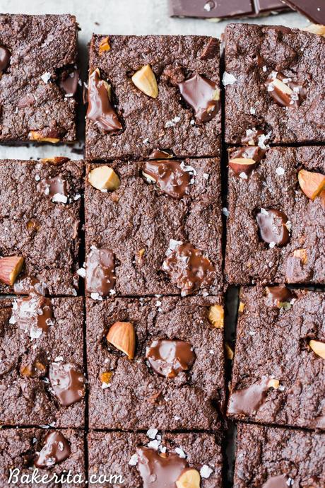 You'd never guess these super fudgy Salted Almond Brownies are gluten-free, paleo and vegan, because they taste just as good as a traditional brownie! They're incredibly fudgy and chocolatey and the toasted almonds and sea salt make them even better.