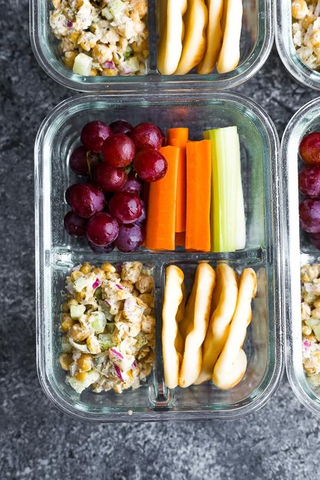 overhead view of the Chickpea Salad Bento Box with flatbread, vegetables and grapes