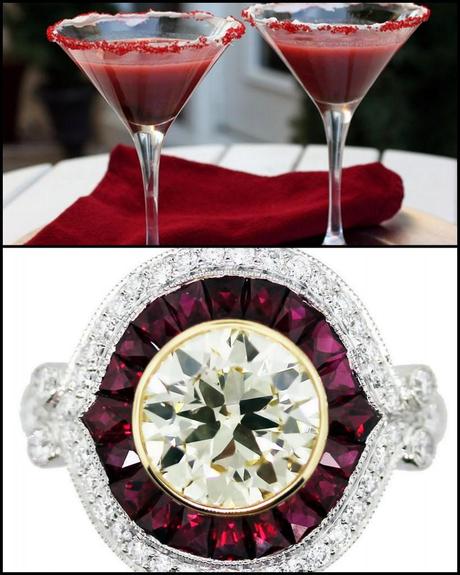 Red Velvet martini, cocktail recipe, red drinks, cocktail ring, ruby ring, ruby and diamond ring