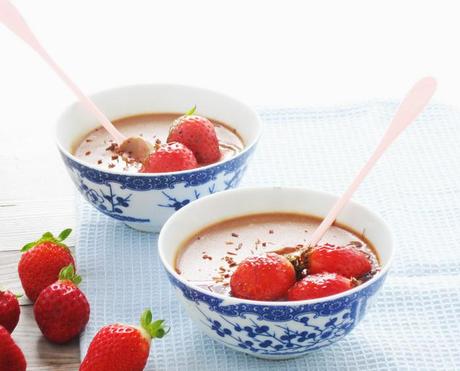Traveling Home  --Chocolate Panna Cotta with Macerated Strawberries