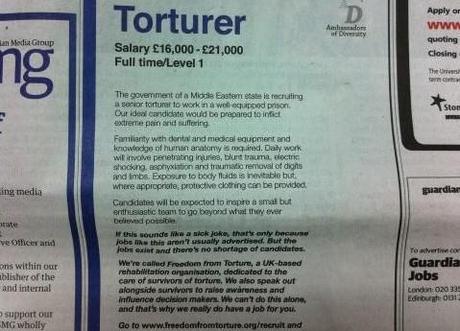 The Guardian carried a hoax 'torturer' job advertisement 