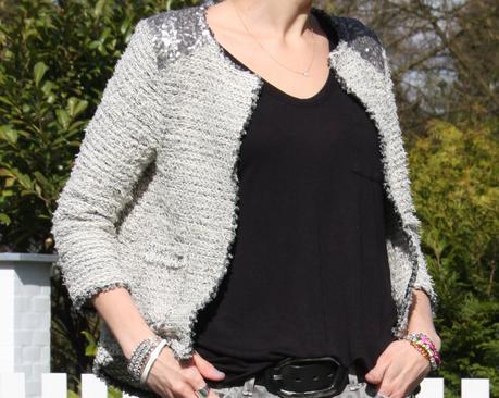 The tweed cardigan and leopard jeans