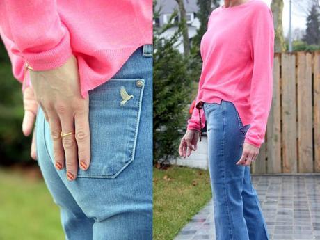 Flare jeans and neon sweater