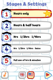 Tell the Time with Bubbimals iPad / iPhone App, learning stages and settings