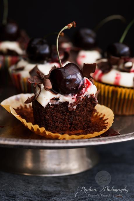Eggless Black forest cupcakes with Berry gardens British cherries